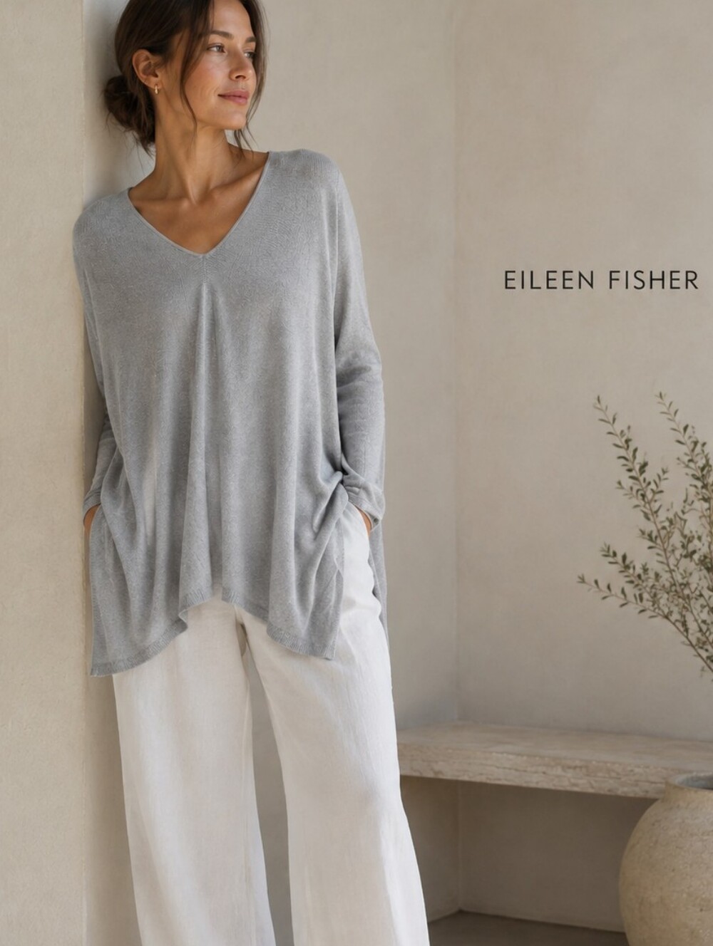Eileen Fisher Grey V-Neck Long Tunic Sweater Tencel Linen Medium